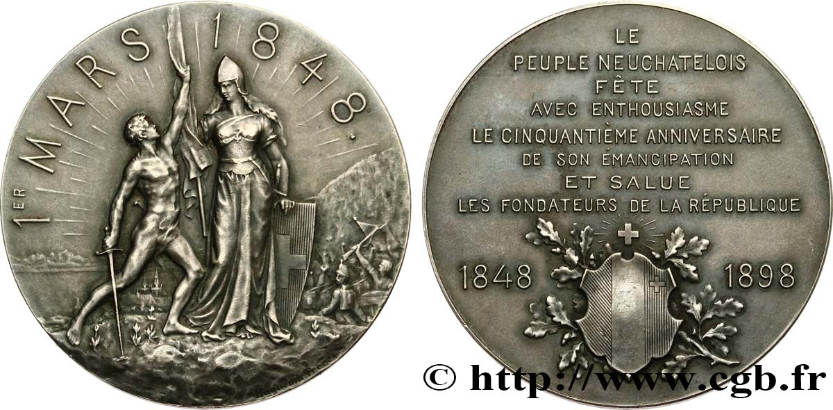 SCHWEIZ -  KANTON NEUCHATEL Médaille, 50e anniversaire d’émancipation du peuple neuchâtelois VZ