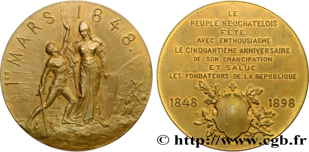 SCHWEIZ -  KANTON NEUCHATEL Médaille, 50e anniversaire d’émancipation du peuple neuchâtelois fVZ