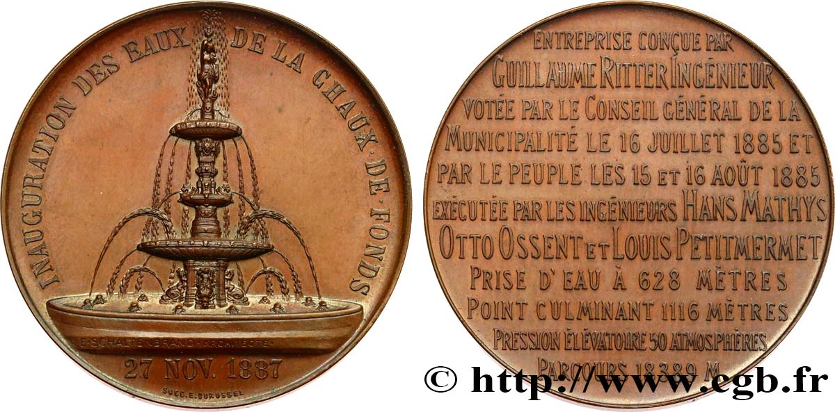 SVIZZERA - CANTON NEUCHATEL Médaille, Inauguration des eaux de la Chaux-de-Fonds SPL