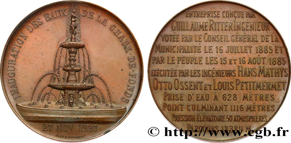 SVIZZERA - CANTON NEUCHATEL Médaille, Inauguration des eaux de la Chaux-de-Fonds SPL