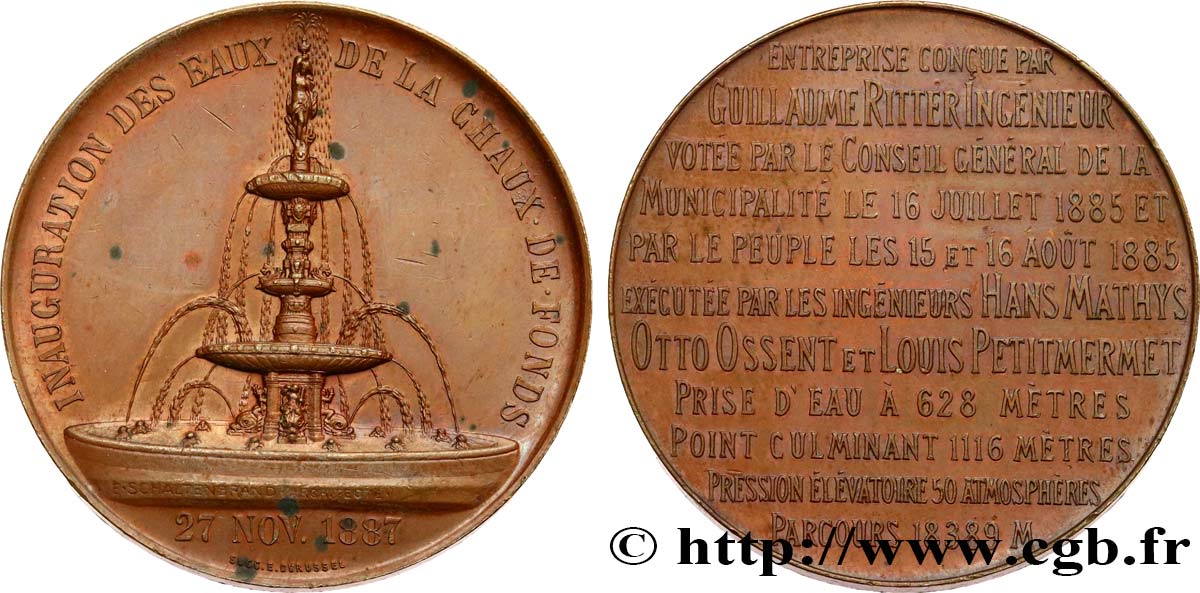 SUISSE - CANTON DE NEUCHATEL Médaille, Inauguration des eaux de la Chaux-de-Fonds TTB+/SUP
