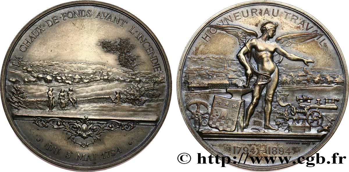SUIZA - CANTÓN DE NEUCHATEL Médaille, Honneur au travail, Centenaire de l’Incendie de la Chaux-de-Fonds MBC+