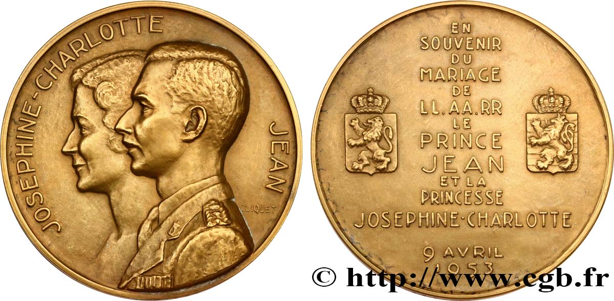 LUXEMBOURG - GRAND DUCHY OF LUXEMBOURG - JOHN Médaille, Mariage de Joséphine-Charlotte de Belgique et du Prince Jean, Grand Duc du Luxembourg AU
