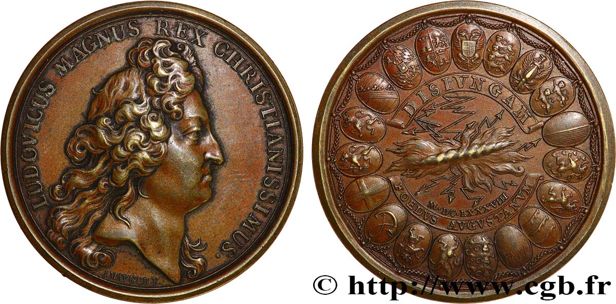 LOUIS XIV LE GRAND ou LE ROI SOLEIL Médaille, Ligue d Augsbourg TTB+