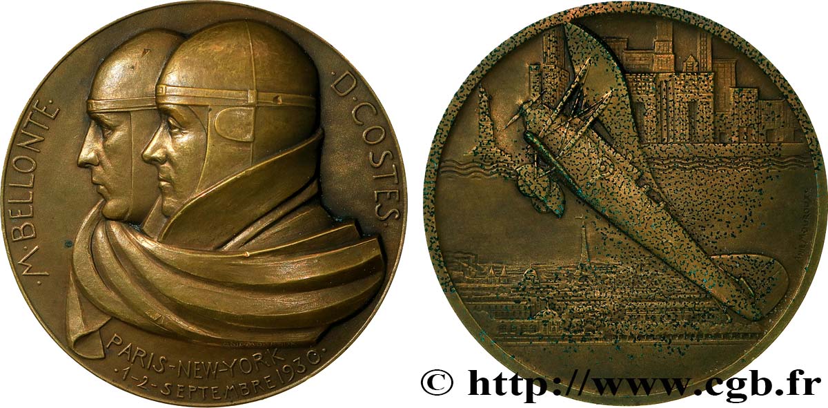 AÉRONAUTIQUE - AVIATION : AVIATEURS & AVIONS Médaille, Traversée de l’Atlantique Nord, Dieudonné Costes et Maurice Bellonte TTB+/TTB