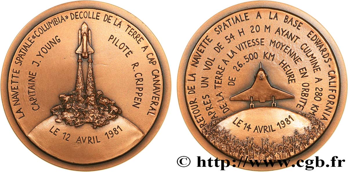 CONQUÊTE DE L ESPACE - EXPLORATION SPATIALE Médaille, Décollage de la navette Columbia et retour de la navette  SUP