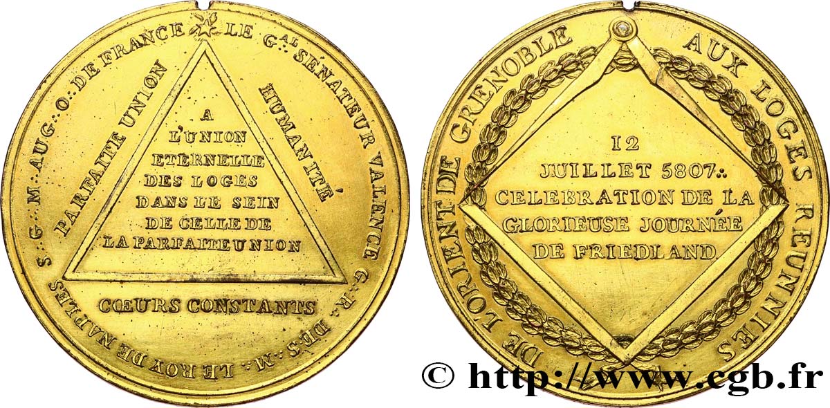 FRANC - MAÇONNERIE Médaille, Célébration de la glorieuse journée de Friedland, La Parfaite Union, l’Humanité, les coeurs constants TTB+