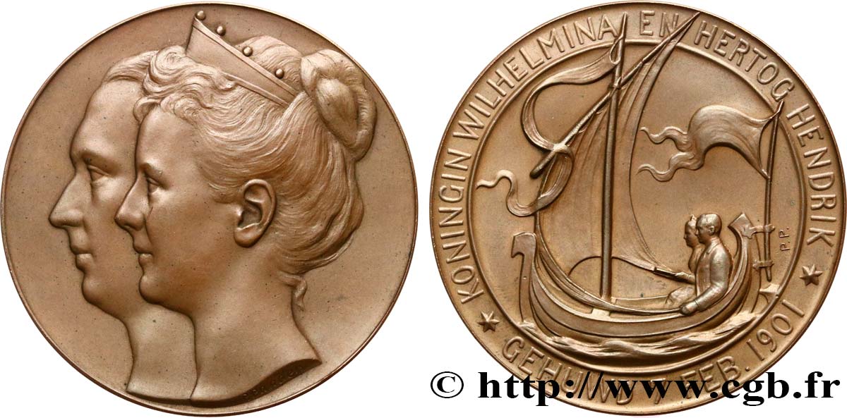 PAYS-BAS - ROYAUME DES PAYS-BAS - WILHELMINE Médaille, Mariage de Wilhelmine, reine des Pays-Bas, et Heinrich von Mecklenburg-Schwerin AU