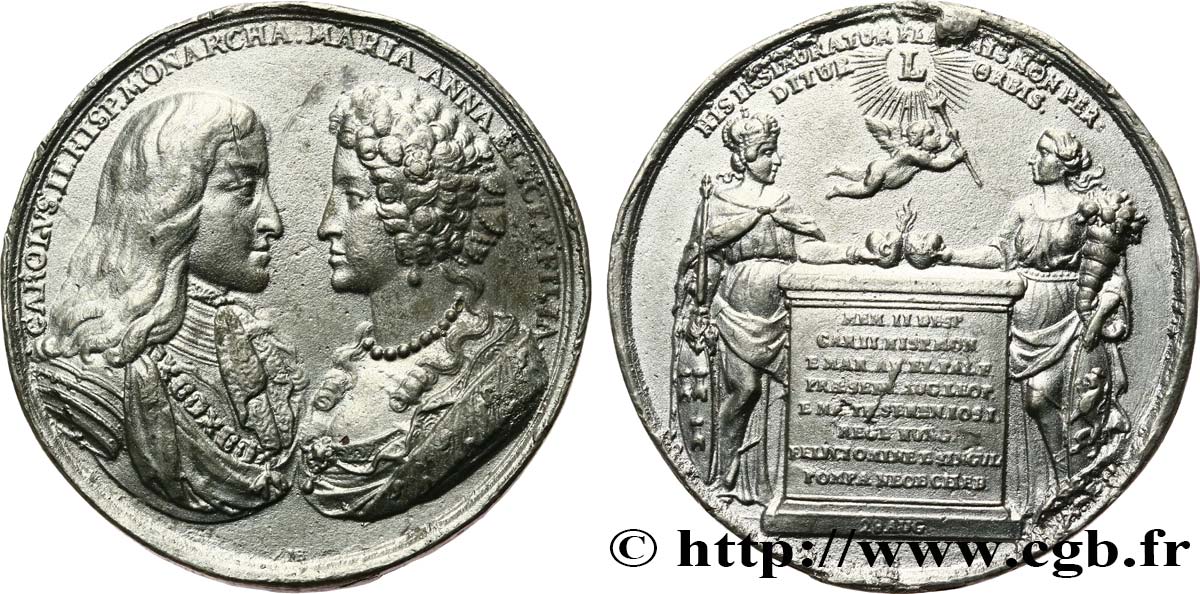 ESPAGNE - ROYAUME D ESPAGNE - CHARLES II Médaille, Mariage de la Comtesse Palatine Maria Anna de Neubourg et Charles II d’Espagne TTB