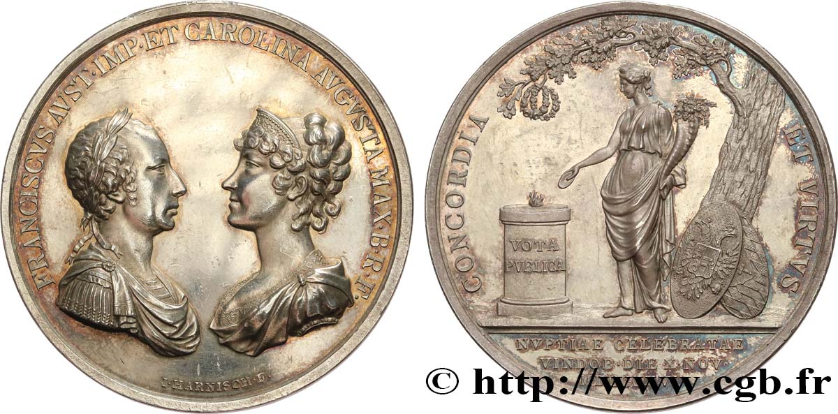 AUTRICHE - FRANÇOIS II Médaille, Mariage de François Ier d’Autriche et de Caroline de Bavière AU/AU