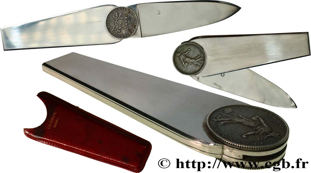 TERZA REPUBBLICA FRANCESE Couteau à pivot fixé sur une pièce de 2 Francs 1918 SPL
