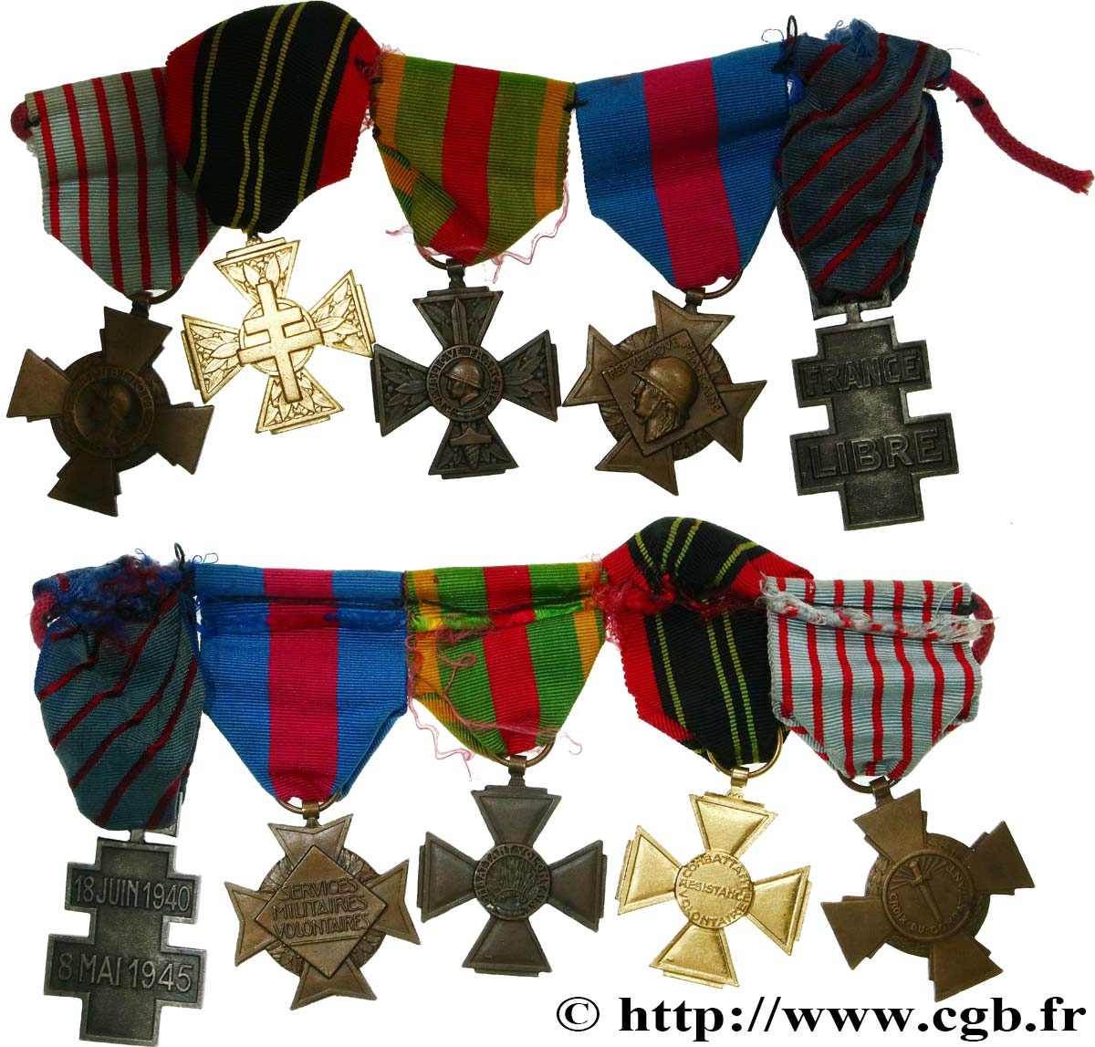 TROISIÈME RÉPUBLIQUE Barrette artisanale de 5 médailles militaires TTB