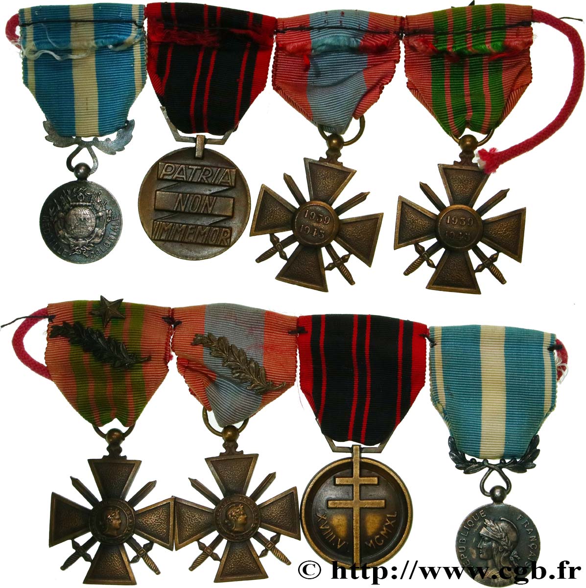 III REPUBLIC Barrette artisanale de 4 médailles militaires XF