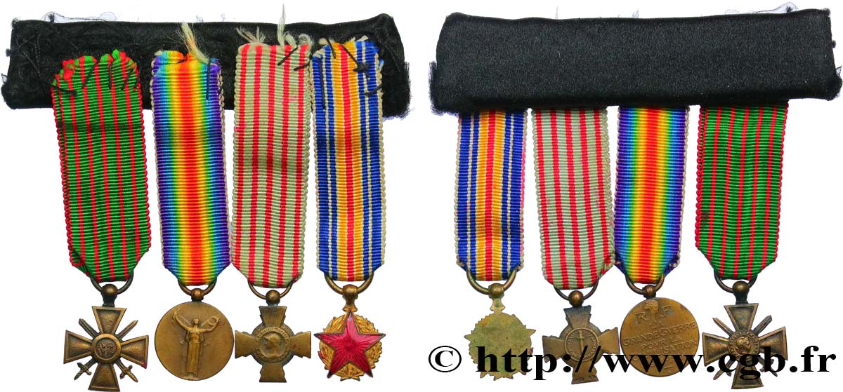 III REPUBLIC Barrette artisanale de 4 miniatures de médailles militaires XF