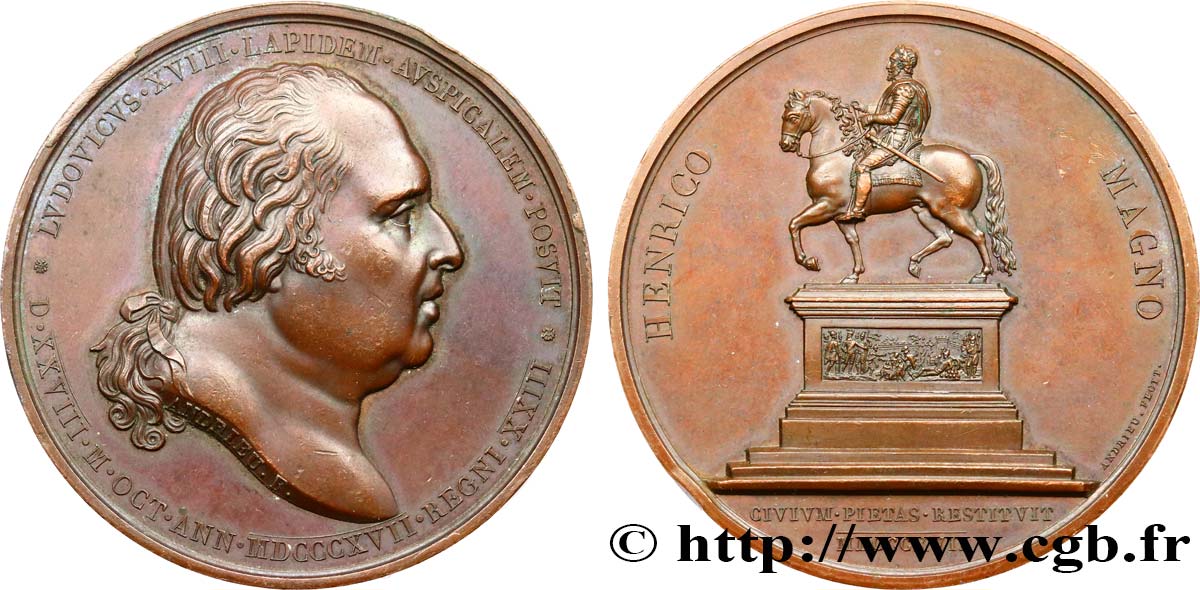 LOUIS XVIII Médaille, Statue équestre d’Henri IV TTB