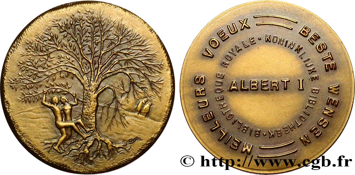 BELGIQUE - ROYAUME DE BELGIQUE - ALBERT Ier Médaille, Meilleurs voeux, bibliothèque royale SUP