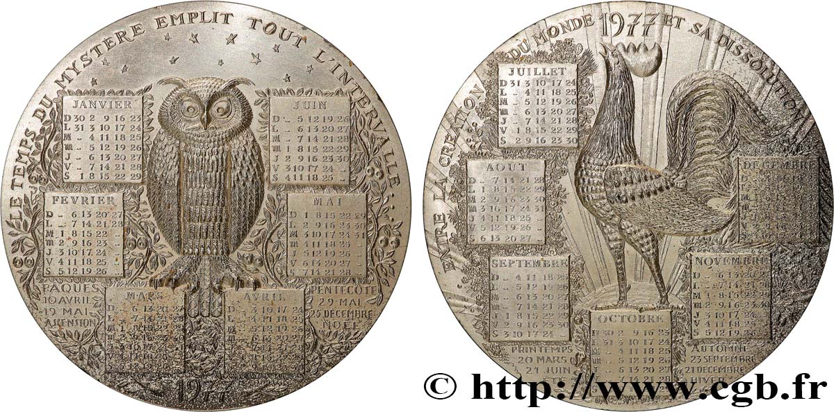 CINQUIÈME RÉPUBLIQUE Médaille calendrier, La Chouette et le Coq TTB+