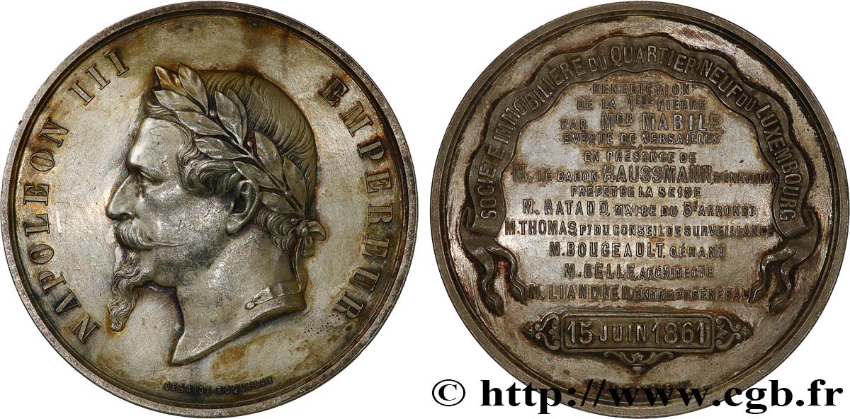 ZWEITES KAISERREICH Médaille, Bénédiction de la première pierre, Société immobilière du quartier neuf du Luxembourg fVZ