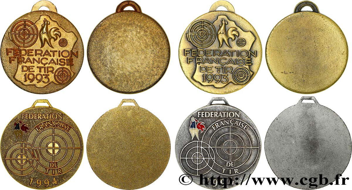 TIR ET ARQUEBUSE Médaille, Fédération française de tir, Lot de 4 exemplaires AU