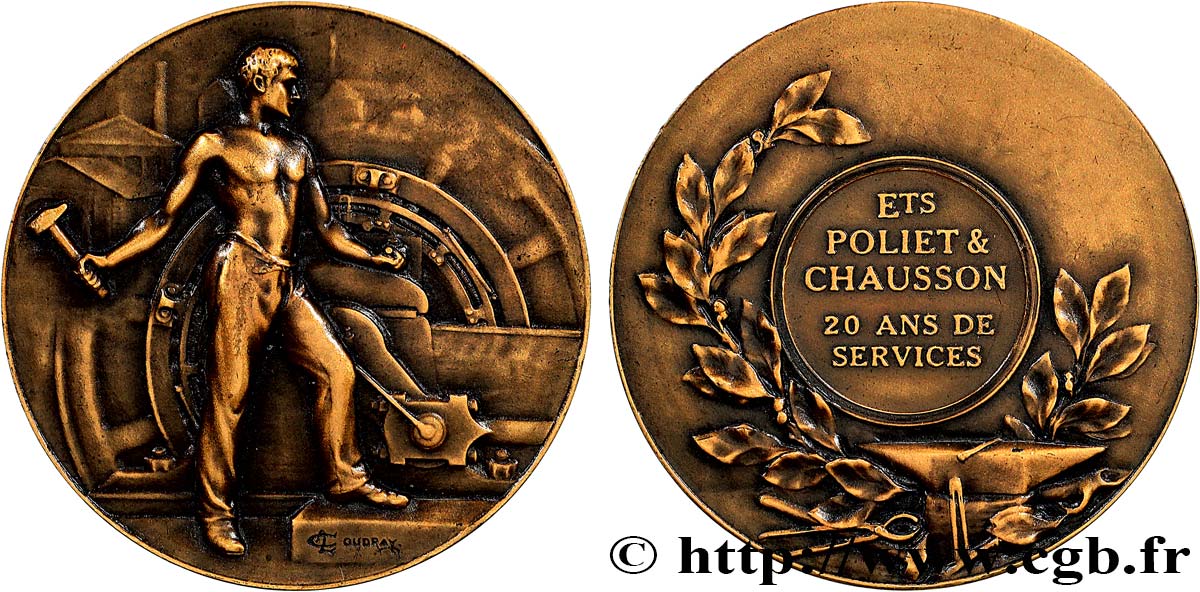 TROISIÈME RÉPUBLIQUE Médaille, 20 ans de service, Établissement Poliet & Chausson TTB+