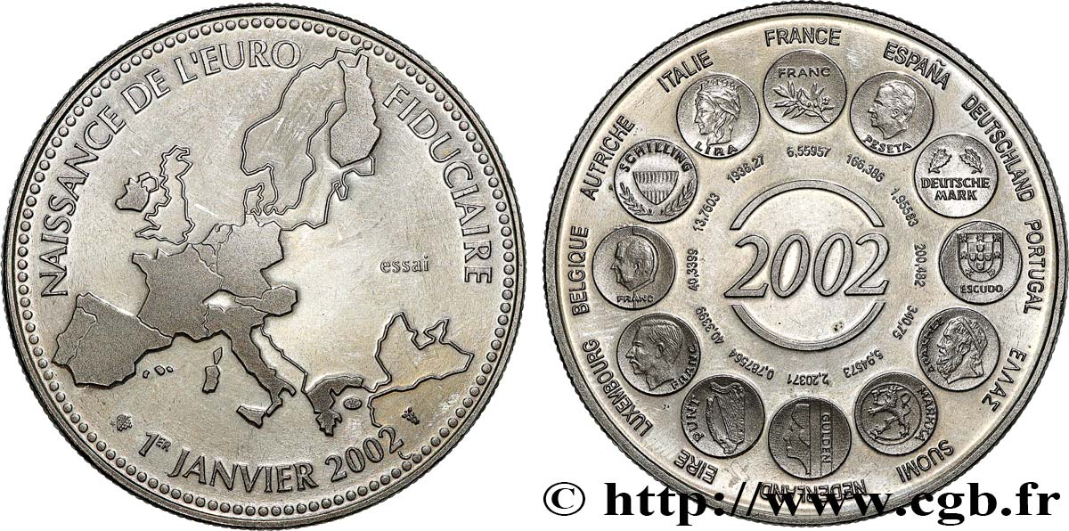 CINQUIÈME RÉPUBLIQUE Médaille, Essai, Naissance de l’Euro fiduciaire TTB