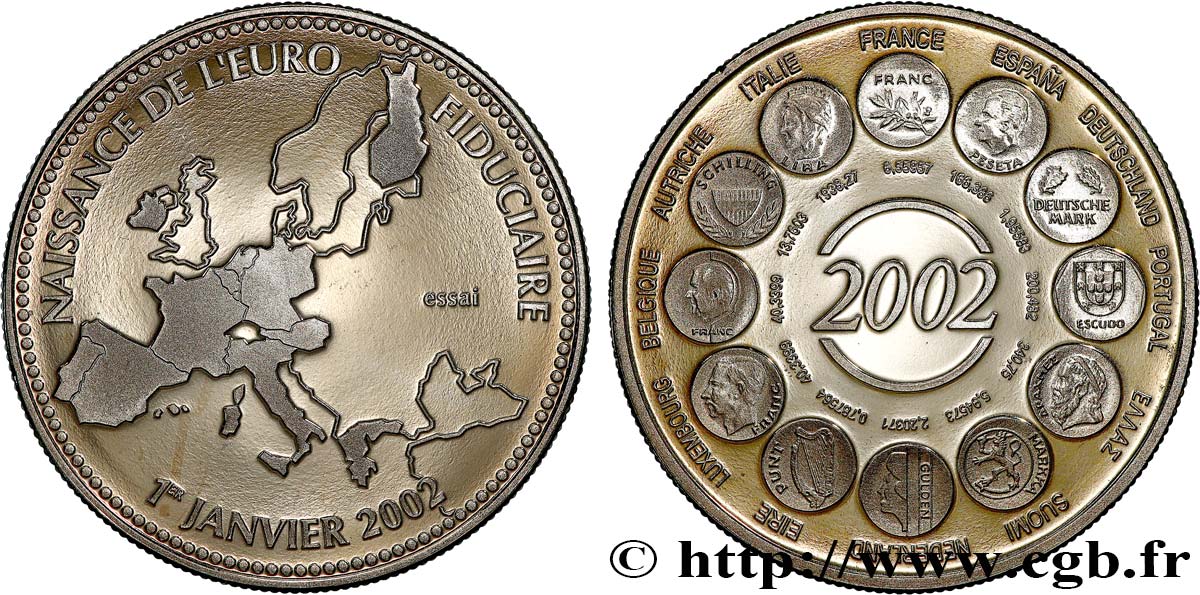 FUNFTE FRANZOSISCHE REPUBLIK Médaille, Essai, Naissance de l’Euro fiduciaire VZ
