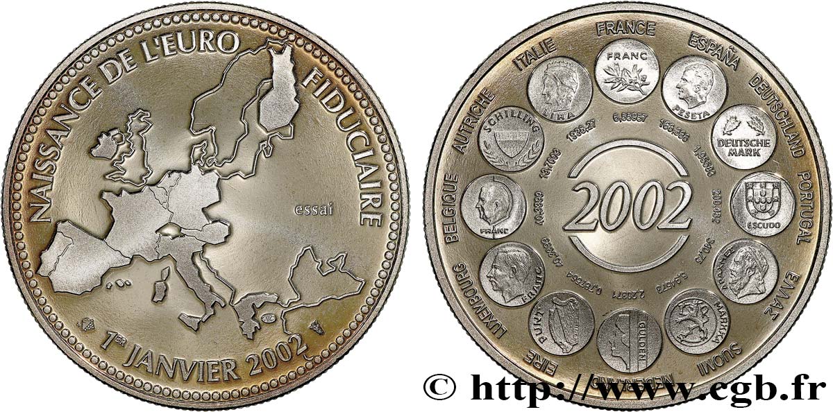 CINQUIÈME RÉPUBLIQUE Médaille, Essai, Naissance de l’Euro fiduciaire SUP+