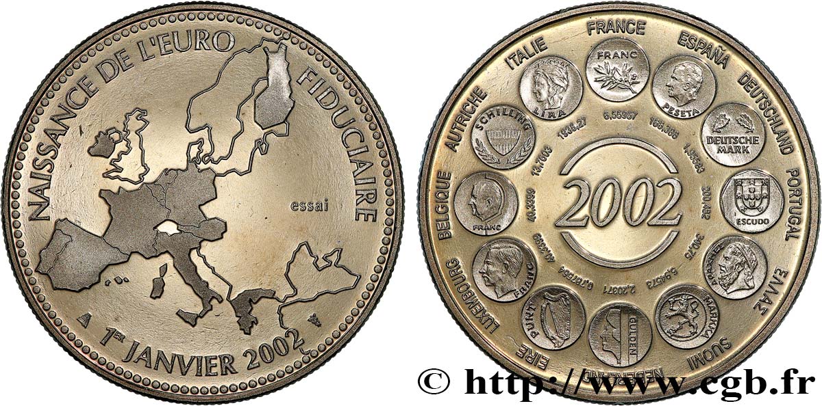 CINQUIÈME RÉPUBLIQUE Médaille, Essai, Naissance de l’Euro fiduciaire SUP