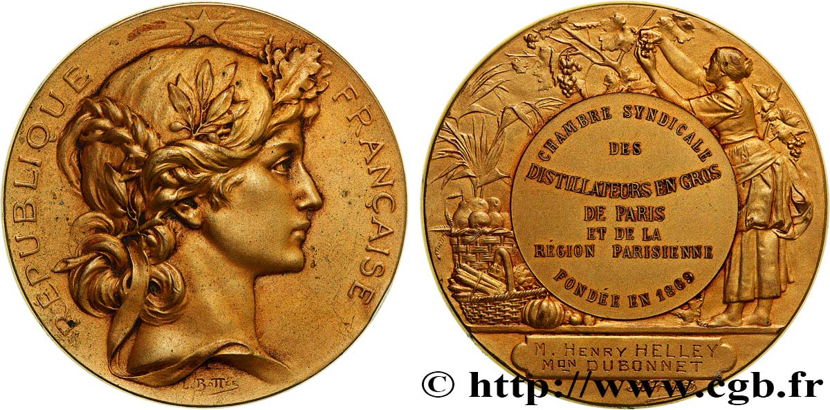 TERCERA REPUBLICA FRANCESA Médaille, Chambre syndicale des distillateurs en gros de Paris et région parisienne EBC