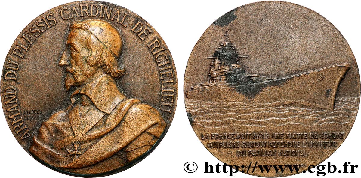 CINQUIÈME RÉPUBLIQUE Médaille, Le cuirassé Richelieu, refrappe TTB
