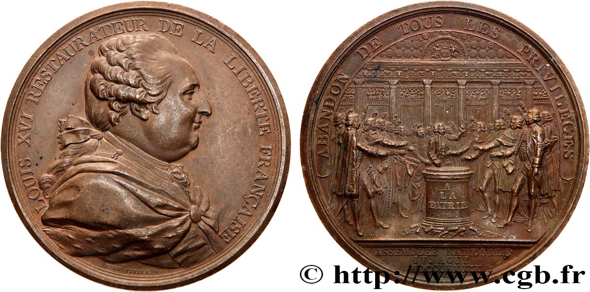 LOUIS XVI Médaille, Abandon de tous les privilèges, refrappe AU