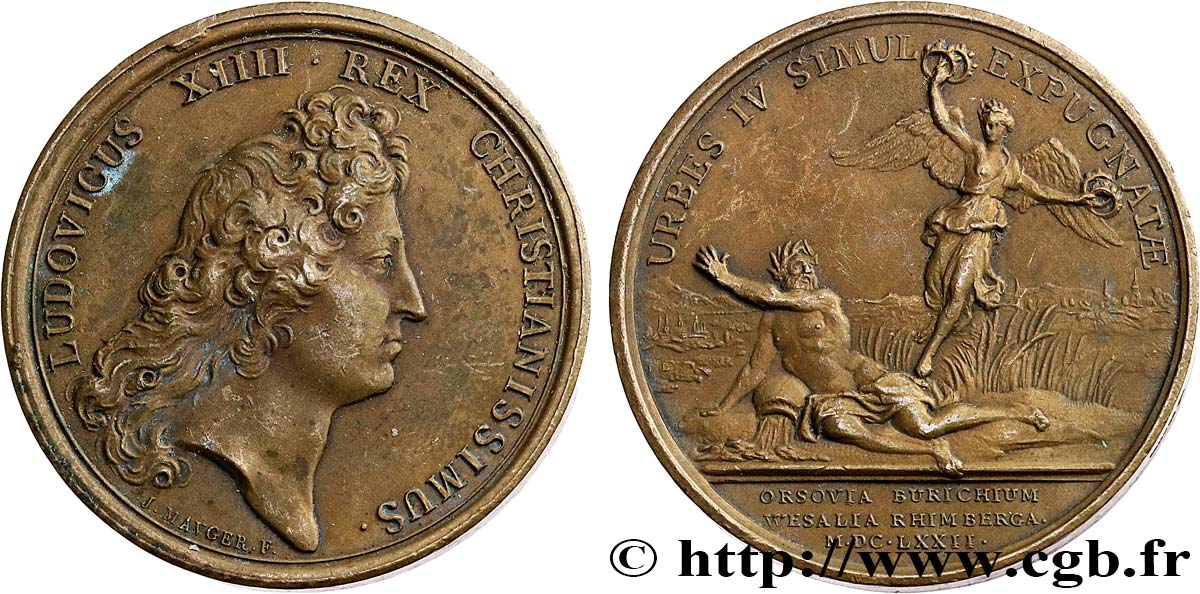 LOUIS XIV LE GRAND OU LE ROI SOLEIL Médaille, Prise d’Orsoy, de Rheinberg, Büderich et Wesel, refrappe TTB+