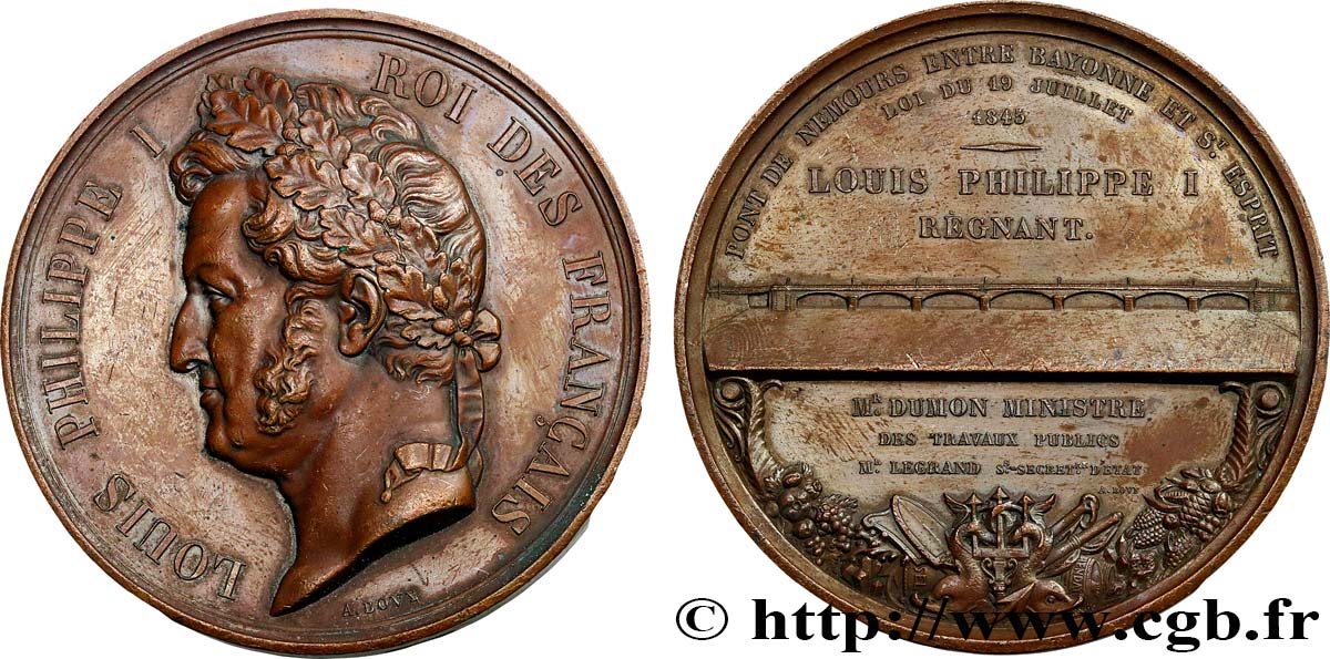 LOUIS-PHILIPPE Ier Médaille, Construction du Pont de Nemours, refrappe TTB