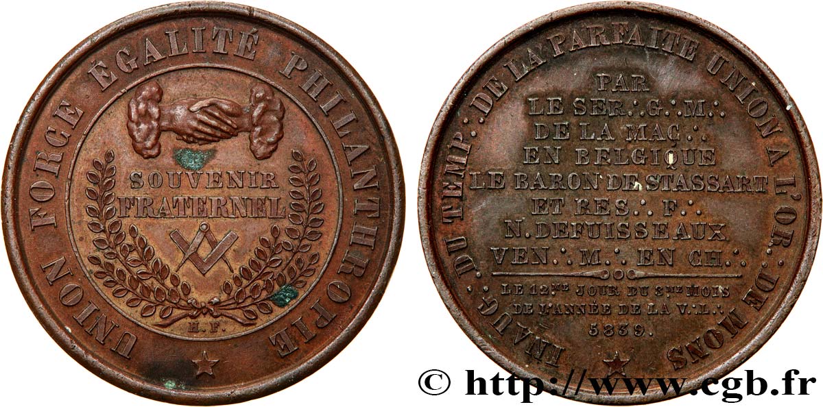 FRANC-MAÇONNERIE - PARIS Médaille, Souvenir fraternel, Inauguration du Temple de la Parfaite Union, Ordre de Mons fVZ