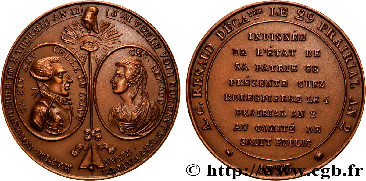 NATIONALKONVENT Médaille, Robespierre et Cécile Renault, refrappe VZ
