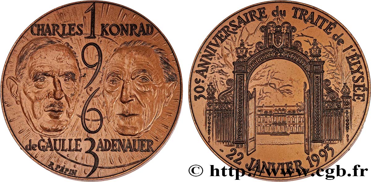 QUINTA REPUBLICA FRANCESA Médaille, Charles De Gaulle et Adenauer, 30e anniversaire du traité de l’Elysée EBC