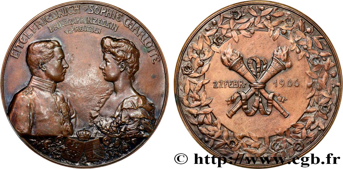 ALLEMAGNE Médaille, Mariage du Prince Eitel Friedrich de Prusse avec la duchesse Sophie Charlotte d’Oldenburg TTB+