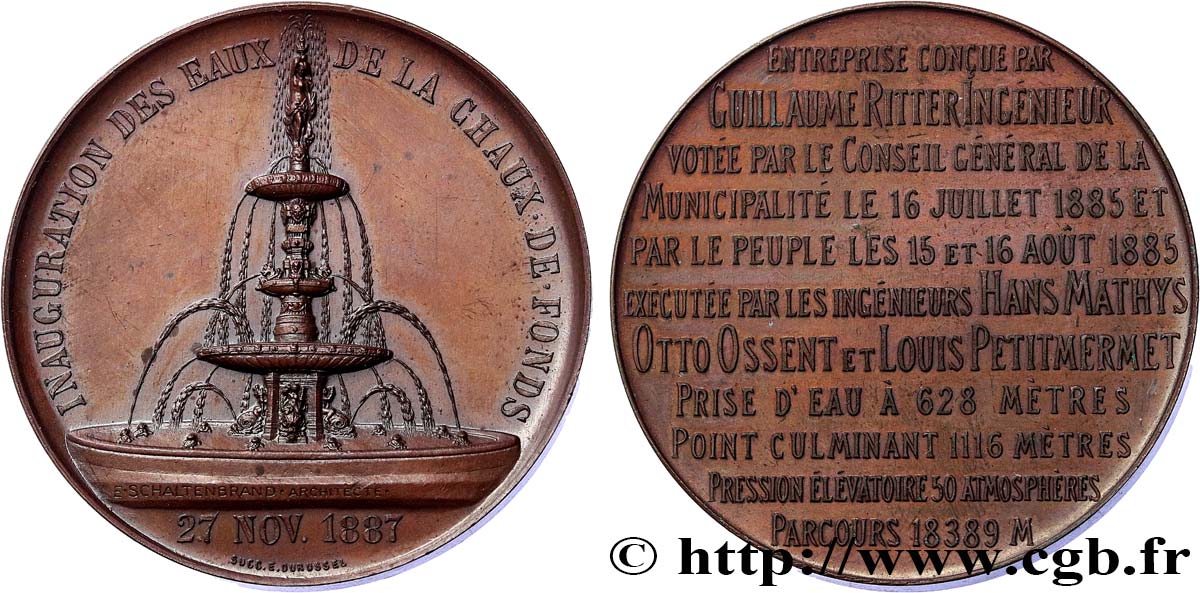 SUISSE - CANTON DE NEUCHATEL Médaille, Inauguration des eaux de la Chaux-de-Fonds SUP