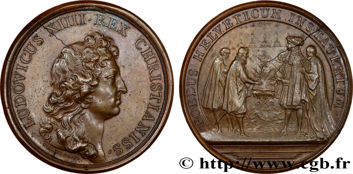 LOUIS XIV  THE SUN KING  Médaille, Renouvellement de l’alliance avec les Suisses VZ