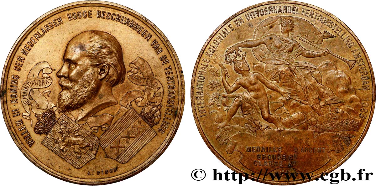 PAYS BAS - ROYAUME DE HOLLANDE - GUILLAUME III Médaille, Exposition internationale coloniale, commerce et exportation XF