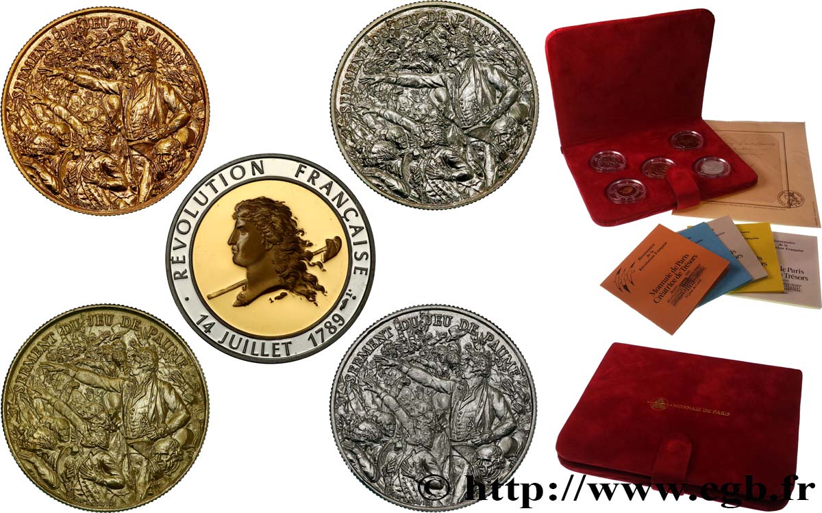 CINQUIÈME RÉPUBLIQUE Coffret, Bicentenaire de la Révolution Française, ensemble de 5 médailles BU