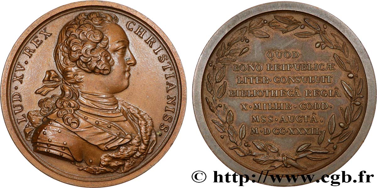 LOUIS XV THE BELOVED Médaille, La bibliothèque du roi augmentée, refrappe AU