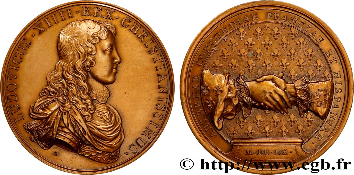 LOUIS XIV  THE SUN KING  Médaille, Paix des Pyrénées, refrappe MBC+