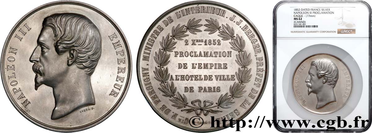 SEGUNDO IMPERIO FRANCES Médaille, Proclamation de l’Empire EBC62