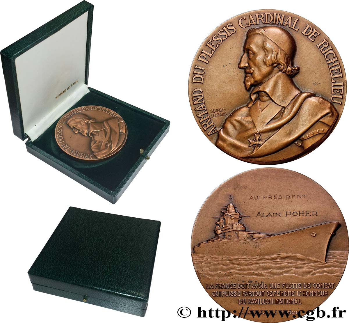 FUNFTE FRANZOSISCHE REPUBLIK Médaille, Le cuirassé Richelieu, Au président Alain Poher VZ