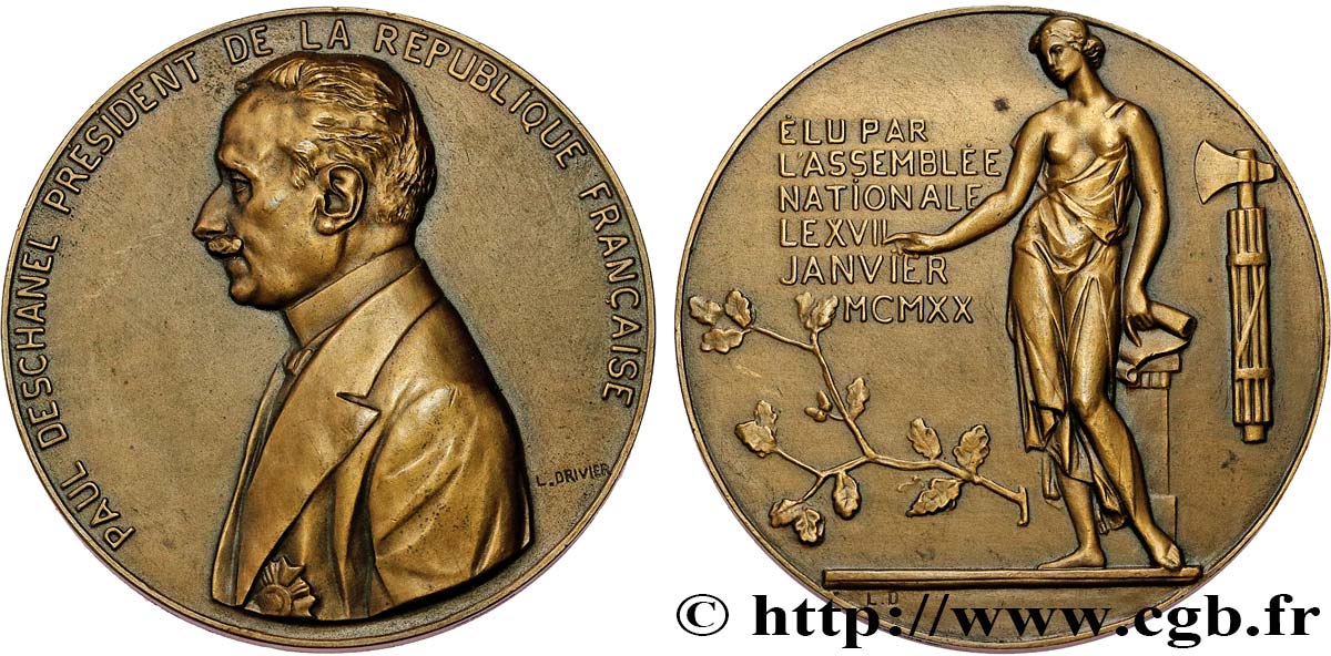 TROISIÈME RÉPUBLIQUE Médaille, Paul Deschanel élu par l’Assemblée Nationale TTB