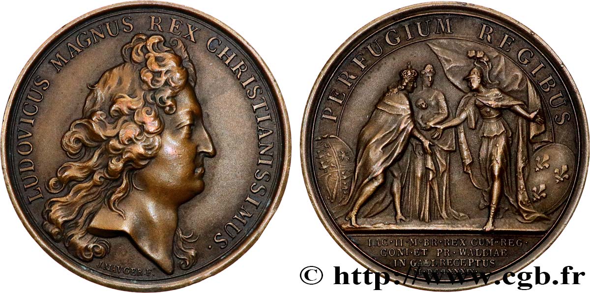 LOUIS XIV  THE SUN KING  Médaille, Le roi d’Angleterre Jacques II réfugié en France, refrappe AU