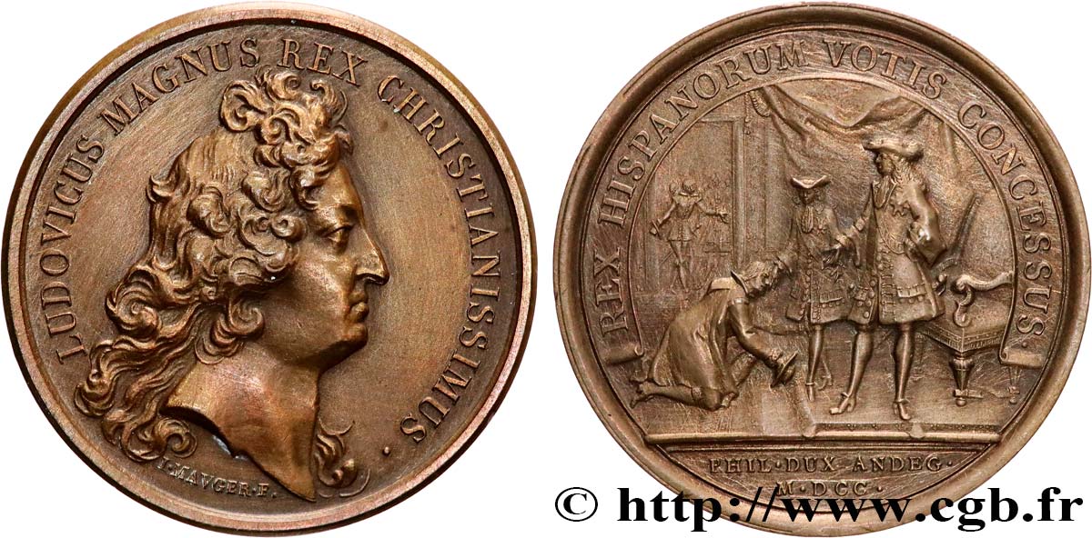 LOUIS XIV LE GRAND OU LE ROI SOLEIL Médaille, Avènement du duc d’Anjou au trône d’Espagne, refrappe TTB+