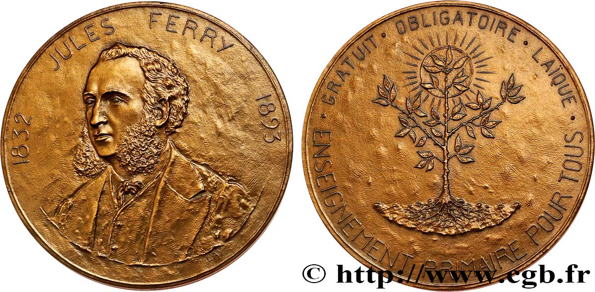 TROISIÈME RÉPUBLIQUE Médaille, Jules Ferry, Enseignement primaire SUP
