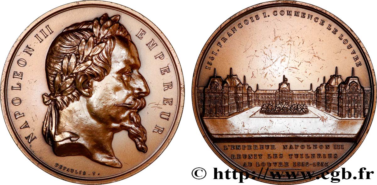 SECOND EMPIRE Médaille, Réunion du Louvre et des Tuileries, refrappe TTB+
